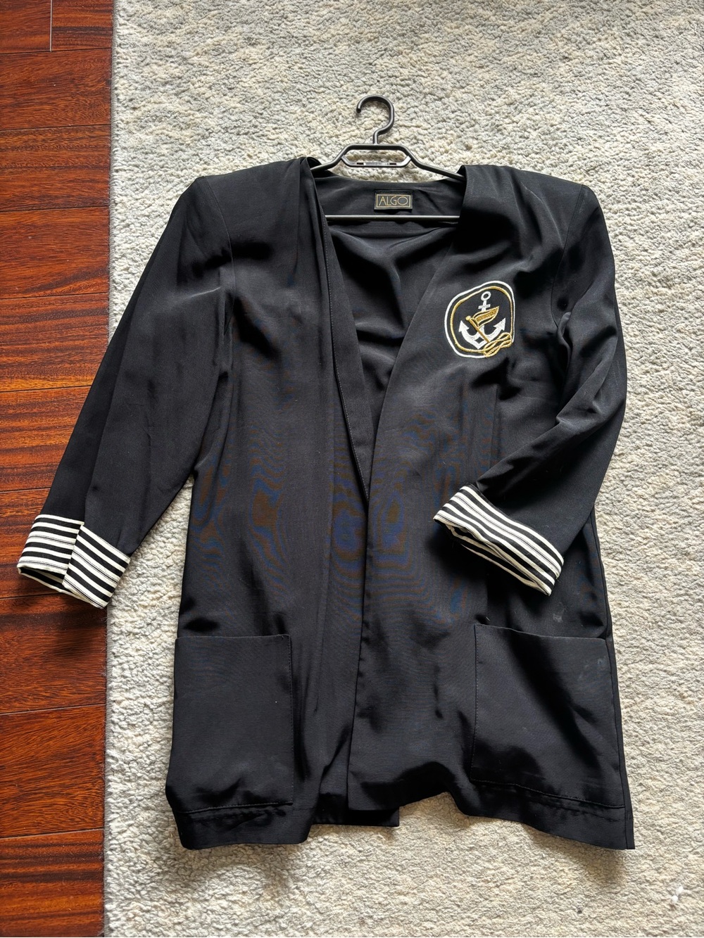 Algo Vintage Black Nautical Embroidered Open Blazer
